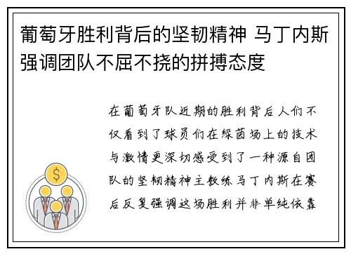 葡萄牙胜利背后的坚韧精神 马丁内斯强调团队不屈不挠的拼搏态度