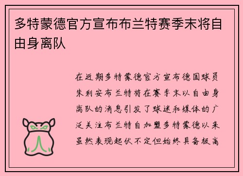 多特蒙德官方宣布布兰特赛季末将自由身离队