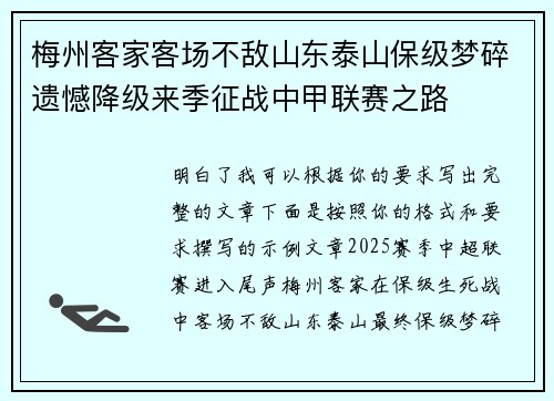 梅州客家客场不敌山东泰山保级梦碎遗憾降级来季征战中甲联赛之路 梅州客家客场不敌山东泰山保级梦碎遗憾降级来季征战中甲联赛之路